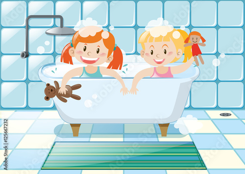 Two girls taking bubble bath