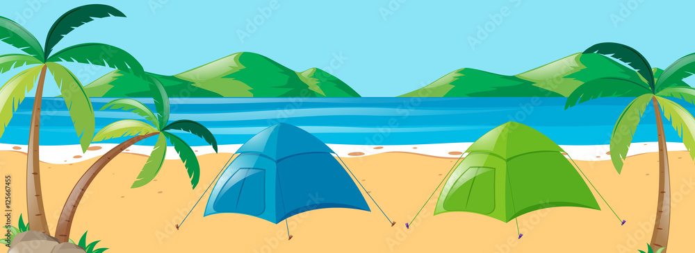 Scene with two tents on the beach