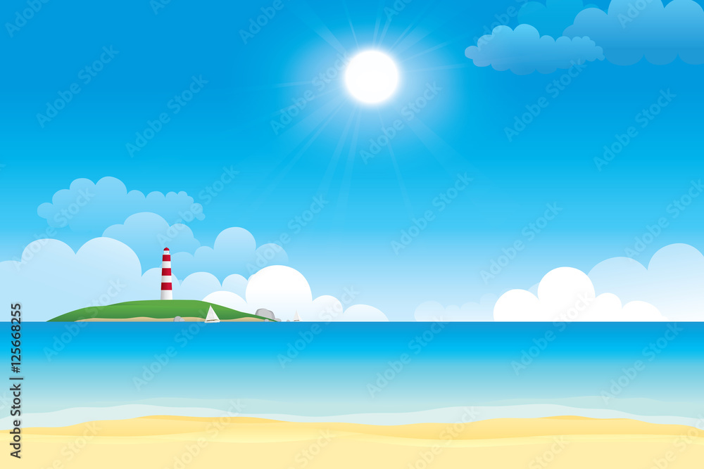 Sky and sea with lighthouse on an island. Vector illustration