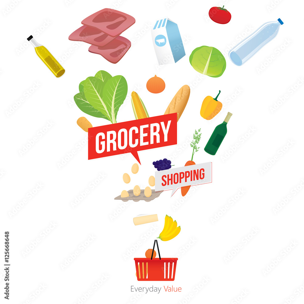 Vector illustration of grocery shopping basket with various of goods ...