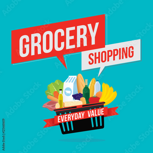 Vector illustration of grocery shopping banner with various of goods. Promotion everyday value concept