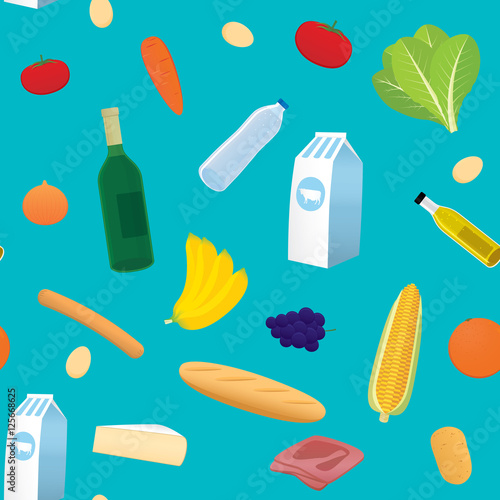Vector illustration of a seamless pattern with various grocery products isolated on blue background.