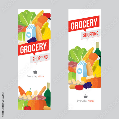 Vector illustration of grocery shopping banner with various of goods. Promotion everyday value concept