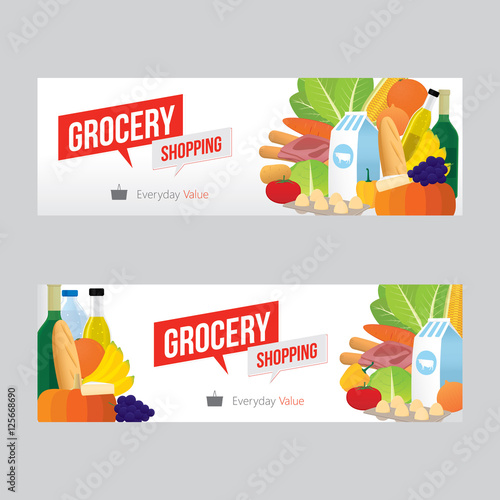 Vector illustration of grocery shopping banner with various of goods. Promotion everyday value concept