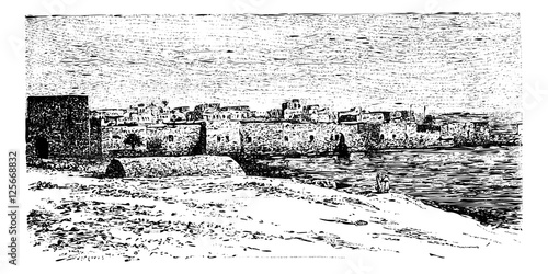 City Gate of Tyre, in Lebanon, vintage engraving