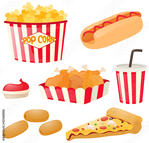 Fastfood set with hotdog and popcorn