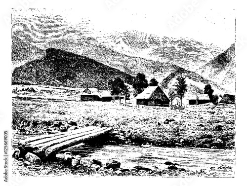 Huts of the Village of Zakopane in Tatra, Poland, vintage engrav