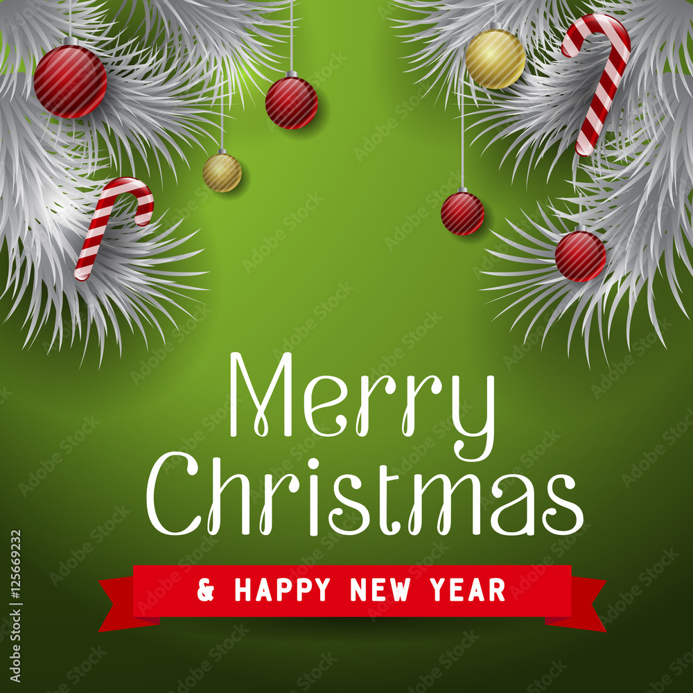 Vector Christmas Background with ornaments and Christmas tree with glossy balls