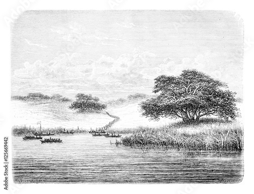 Crossing the Kwanza River, vintage engraving