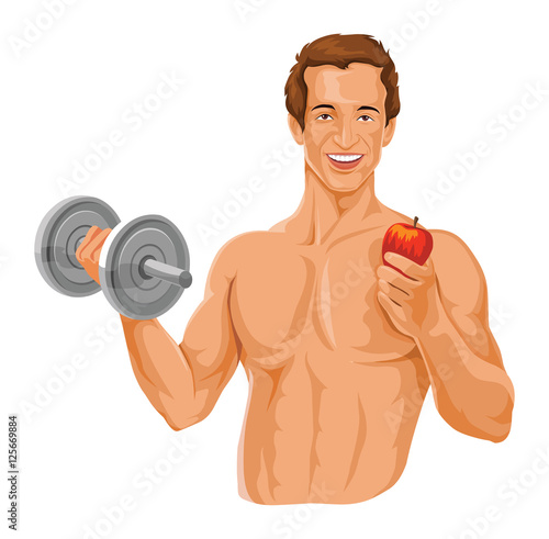 Vector of fit man holding dumbbell and an apple.