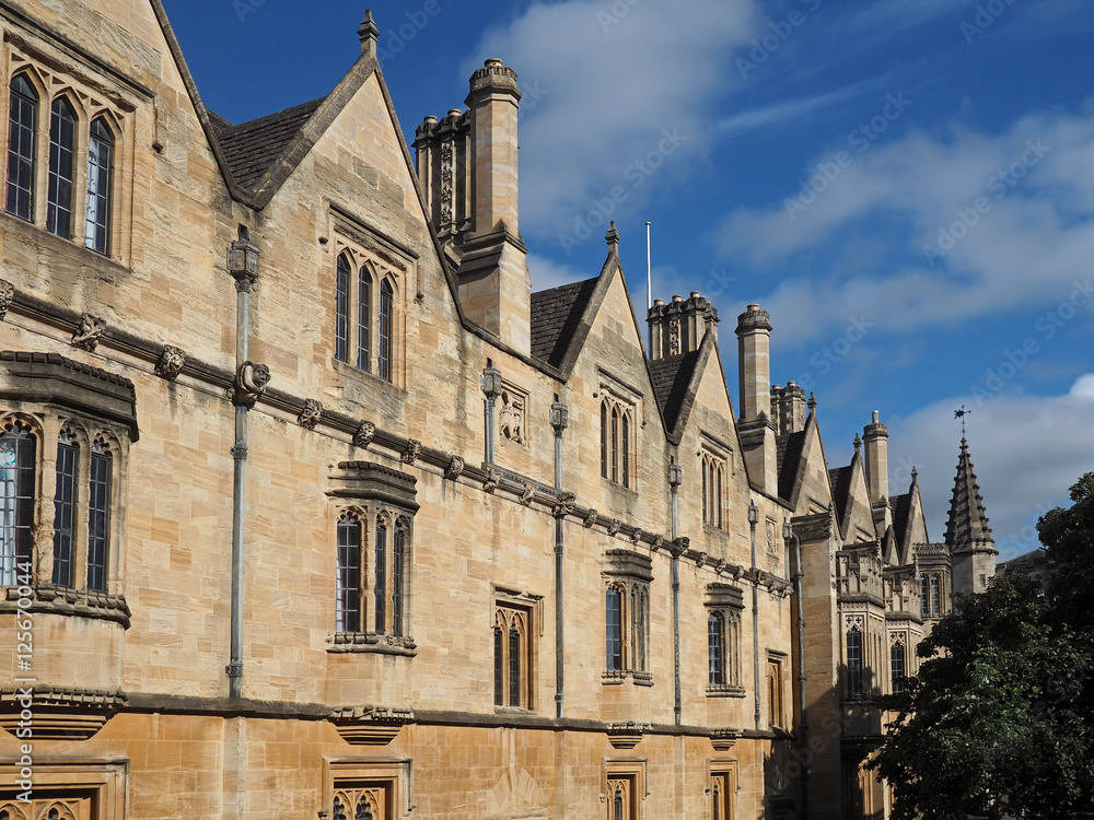Oxford University, exterior of gothic style building with gables and leaded glass windows