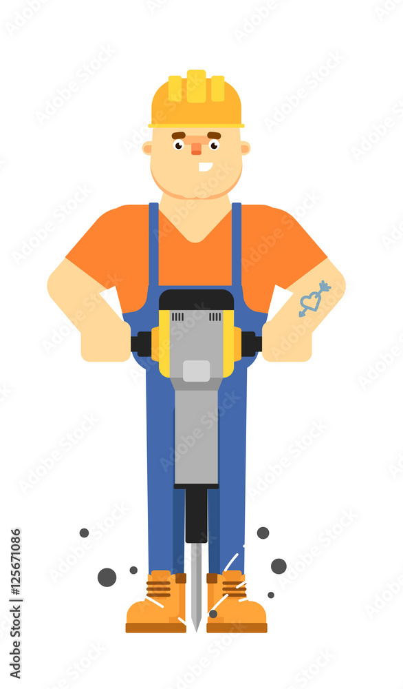 Worker builder in uniform and helmet holding pneumatic jackhammer isolated on white background vector illustration. Smiling construction worker character in flat design. Worker builder in uniform and helmet holding pneumatic jackhammer isolated on white background vector illustration. Smiling construction worker character in flat design.