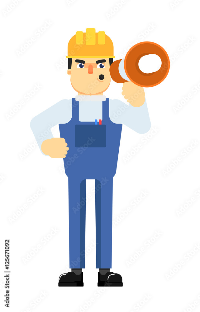 Construction manager in uniform and helmet with megaphone isolated on white background vector illustration. Angry foreman character in flat design. Industrial supervisor. Construction manager in uniform and helmet with megaphone isolated on white background vector illustration. Angry foreman character in flat design. Industrial supervisor.
