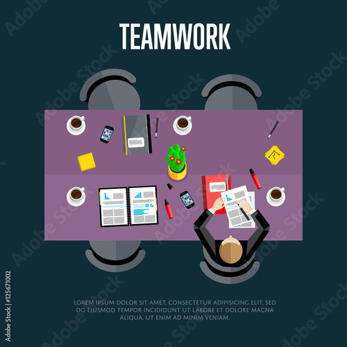 Teamwork concept. Top view workspace background, vector illustration. Business workplace with businessman, paperwork, laptop, cup of coffee and other objects on table. Office workplace background