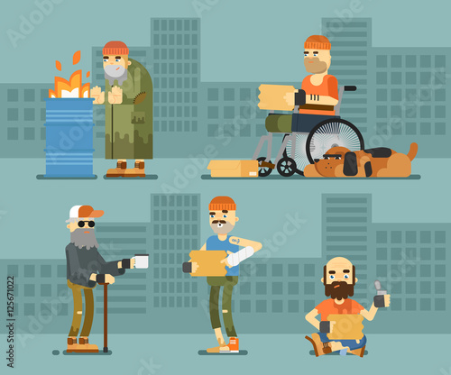 Homeless hungry beggar holding message banner and begs for money vector illustration. Cityscape background. Homeless skinny saggy man in dirty old clothes character. Pauper and bum man on street.