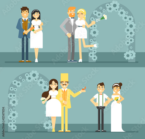 Wedding couple vector illustration. Happy bride and groom couple set in flat design. Wedding invitation card template. Retro wedding characters, just married, newlywed couple, young lovers.