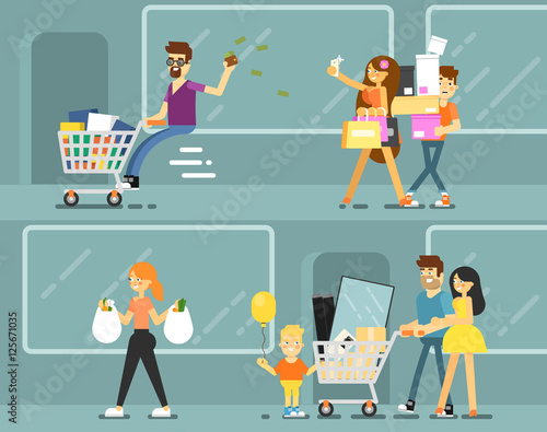 Fototapeta Naklejka Na Ścianę i Meble -  Happy shopping people with shopping bags vector illustration. Young couple and family with child in shopping mall. Fun in retail store. Consumerism concept. Holiday weekend in supermarket