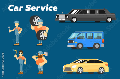Car repair service concept banner vector illustration. Serviceman in uniform at work. Car mechanic with tool, automobile servicing centre and garage, auto spares, maintenance, tuning and diagnostics.