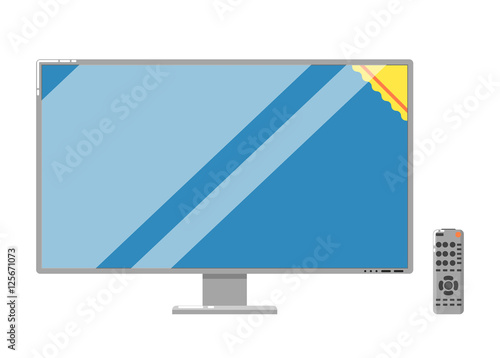 Modern LCD TV with remote control isolated on white background vector illustration. Household appliances in flat design. Home electro technics. LED television monitor. Plasma panel.