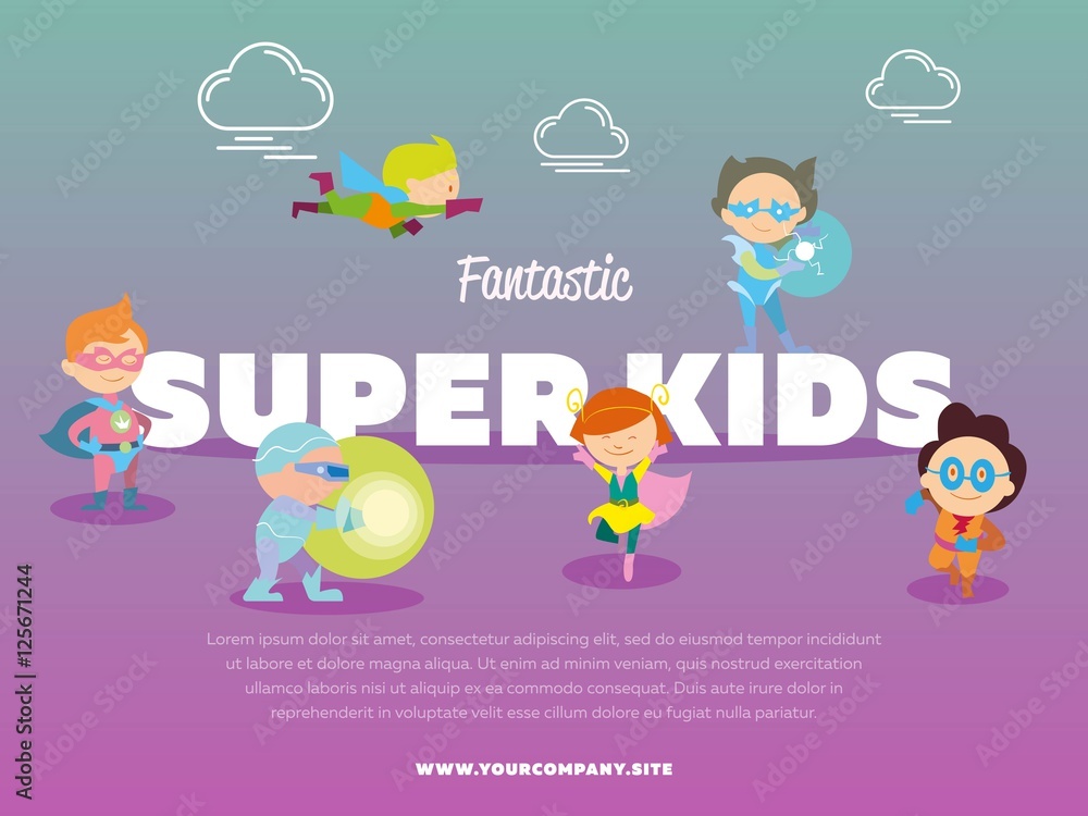 Fantastic super kids banner with children dressed in carnival costumes of superheroes vector illustration. Super hero kids in action, playing and flying. Cute little superhero characters in flat style Fantastic super kids banner with children dressed in carnival costumes of superheroes vector illustration. Super hero kids in action, playing and flying. Cute little superhero characters in flat style