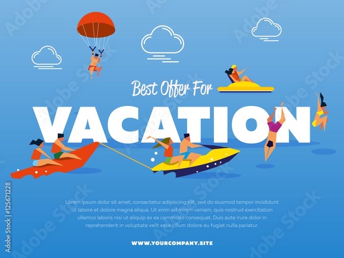 Best offer for vacation banner. People on banana boat. Swimming girl and couple on water bike. Kiting man. Couple riding jet ski. Beach activities. Summer water fun. Happy holiday. Outdoor leisure.