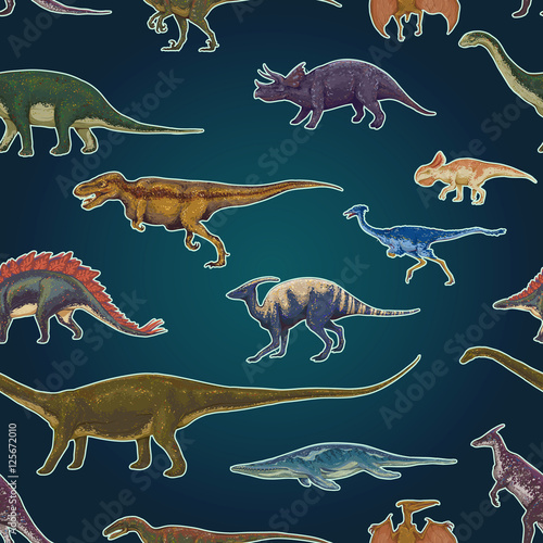 Seamless pattern, endless repeatable background with silhouettes set of skeletons of dinosaurs and fossils. Hand drawn vector illustration. Comparison of realistic size, separated elements.