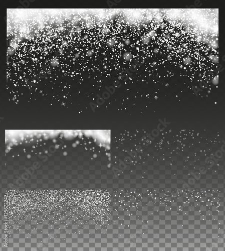 Falling Christmas snow, isolated on transparent background. Snowflakes, snowfall, winter blizzard. Drawn elements, Vector illustration, separated editable layers, brushes for creation.