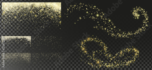 Gold Falling Christmas snow, isolated on transparent background. Golden Snowflakes, snowfall, winter blizzard. Drawn elements, Vector illustration, separated editable layers, brushes for creation.