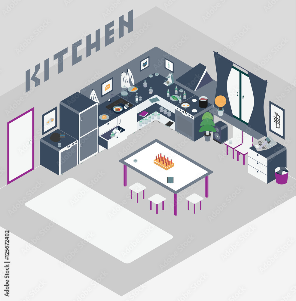 Obraz premium Kitchen with furniture. and Flat style vector illustration.