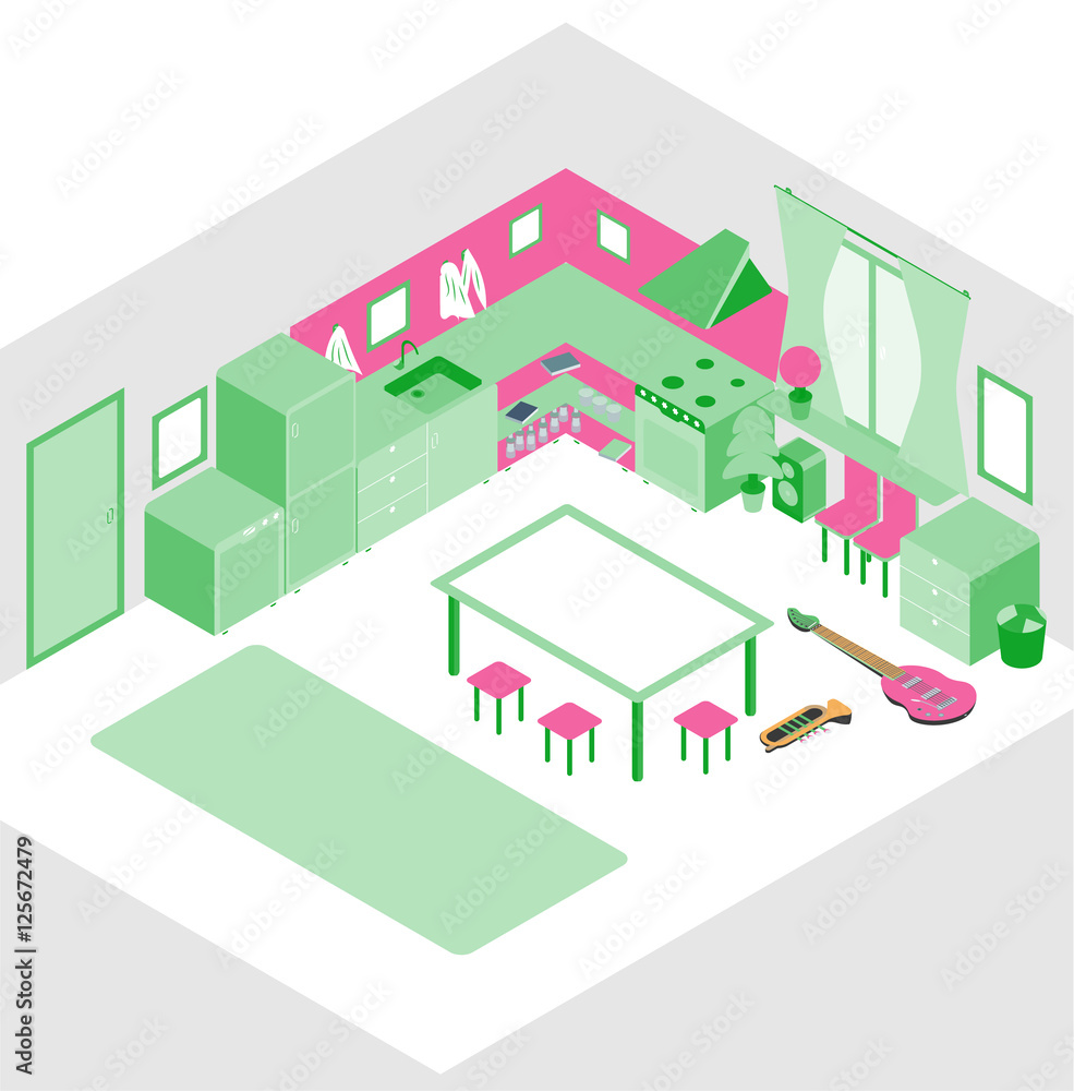 Kitchen with furniture. and Flat style vector illustration.