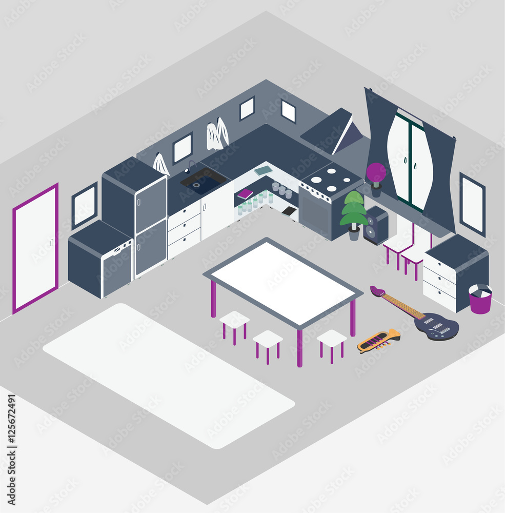 Kitchen with furniture. and Flat style vector illustration.