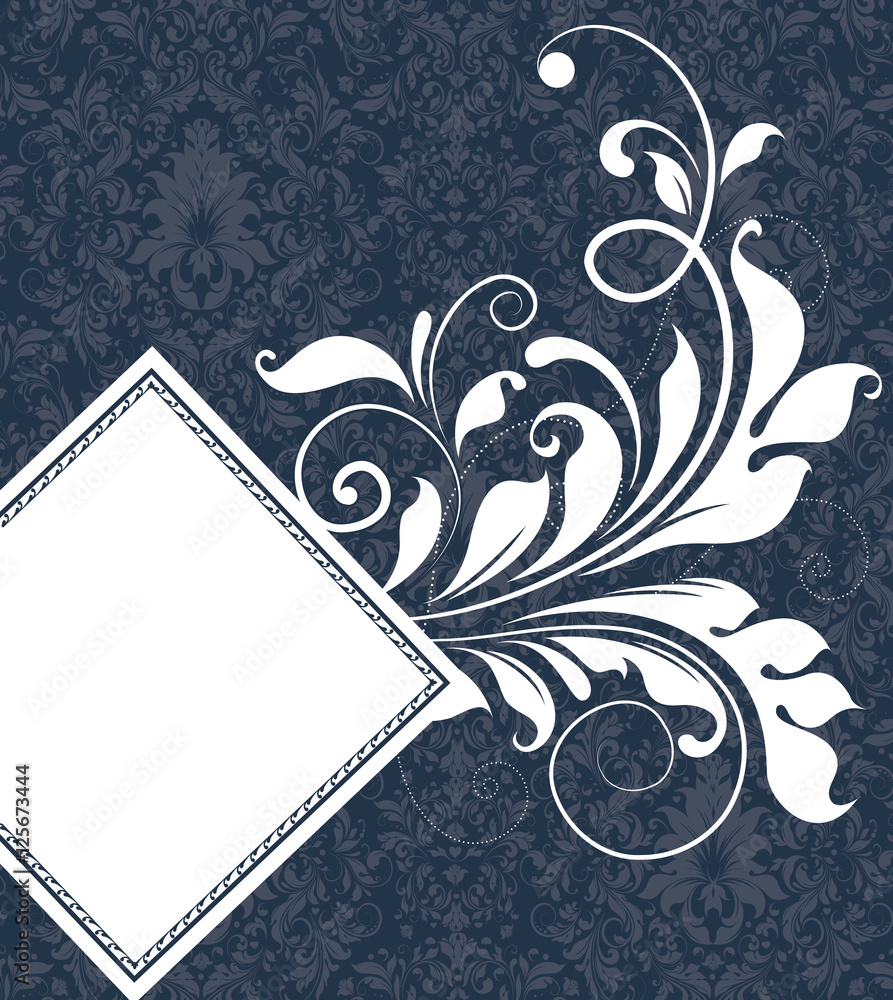 Vintage invitation card with ornate elegant retro abstract floral design,  white flowers and leaves on blue gray and midnight blue background with  diamond-shaped label. Vector illustration. Stock Vector | Adobe Stock