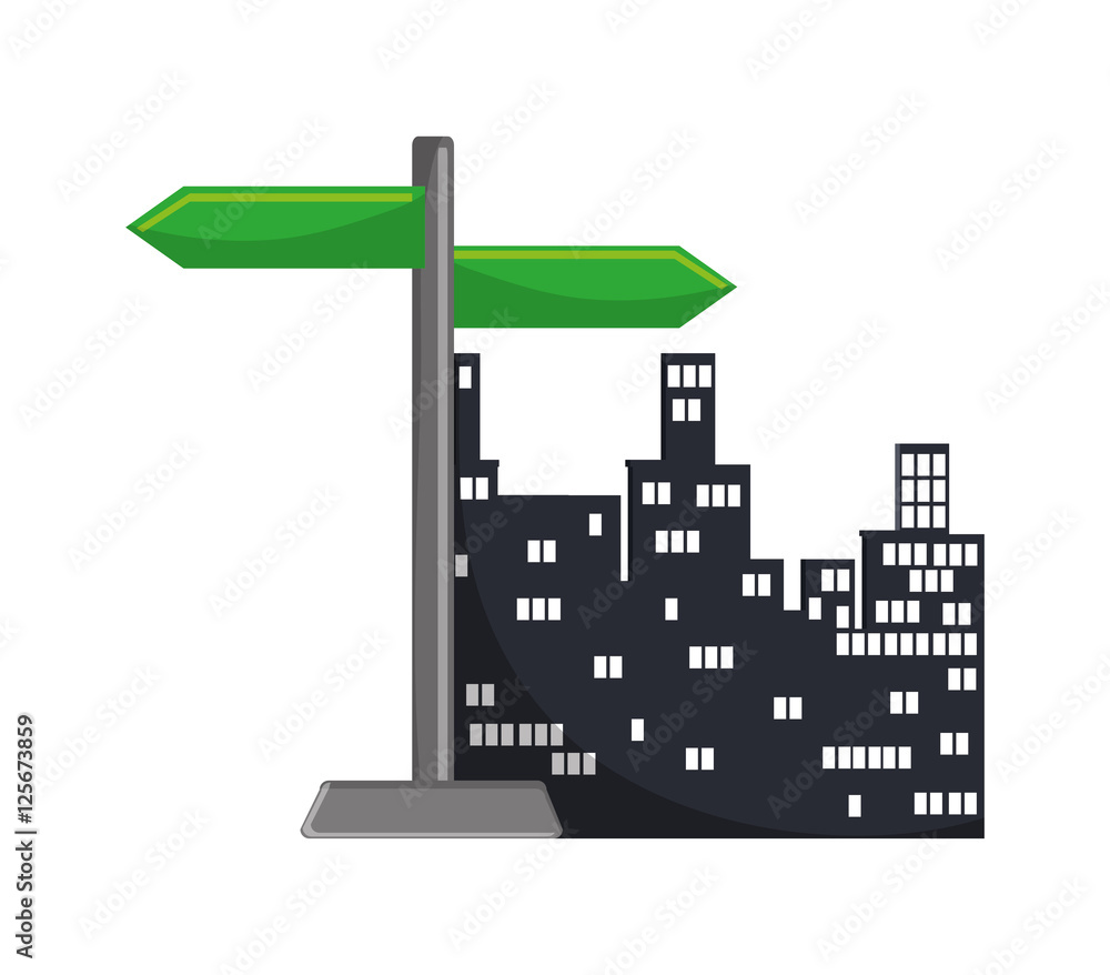 Road sign and buildings icon. City urban and information theme. Isolated design. Vector illustration