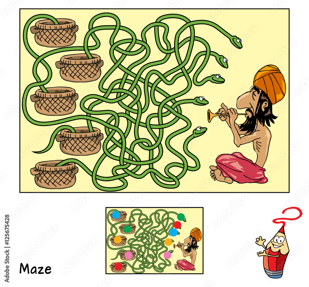Naklejka premium Indian snake charmer. Educational maze game for children. Cartoon vector illustration