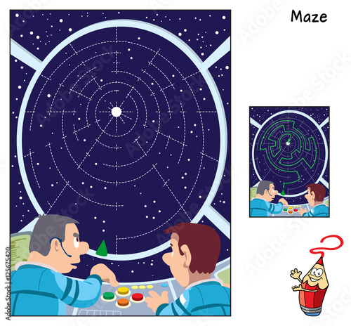 Chart the course to a big star. Educational maze game for children. Cartoon vector illustration