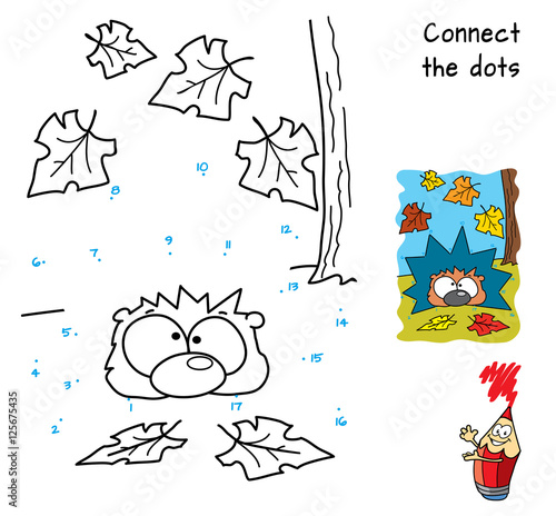 Cute little hedgehog and falling leaves. Coloring and dot to dot educational game for kids. Cartoon vector illustration