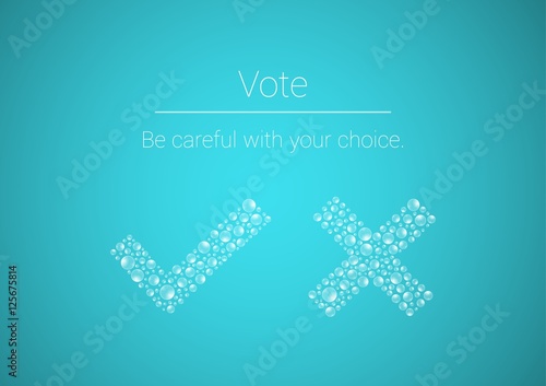 water drops on blue background, check, cross sign
