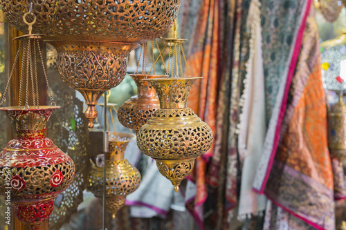 Traditional iranian market (Bazaar) metal souvenires, lamps. photo