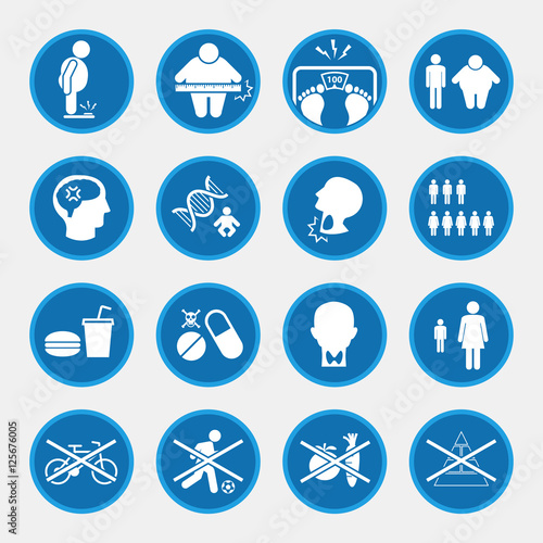 icon set of obesity related diseases, blue circle buttons