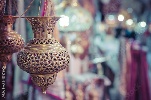 Traditional iranian market (Bazaar) metal souvenires, lamps. photo