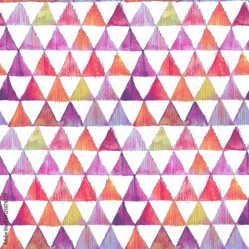 Watercolor colorful ikat triangles seamless pattern. Geometric in watercolour style.