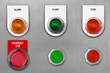 Push button switch with emergency stop and start stop alarm lamp signal on stainless steel panel wit clipping path