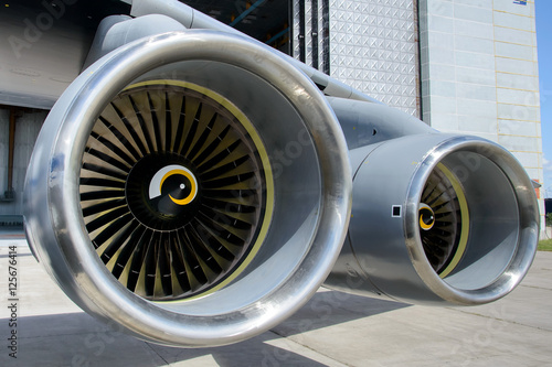 Engine of the airplane on the runway