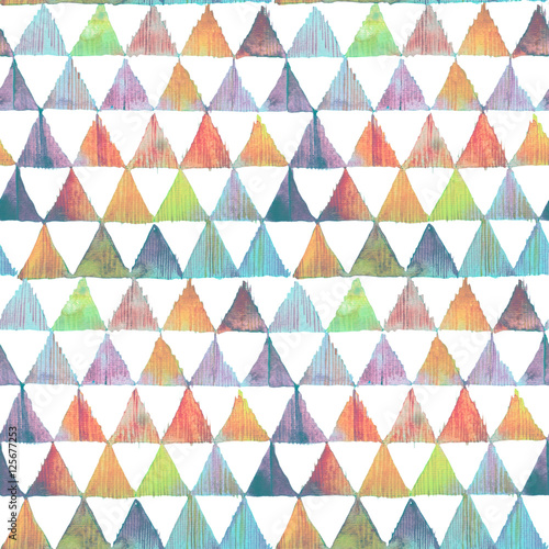 Watercolor colorful ikat triangles seamless pattern. Geometric in watercolour style.