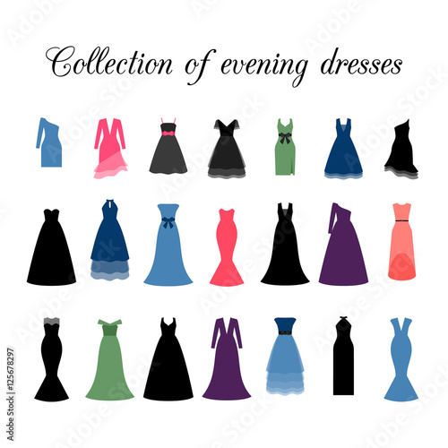 Collection of colorful different evening dresses  vector icons