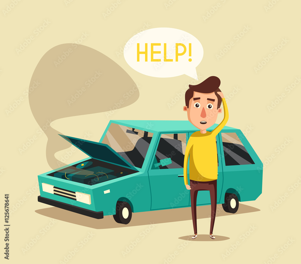 Broken car. Vector cartoon illustration. Need help Broken car. Vector cartoon illustration. Need help