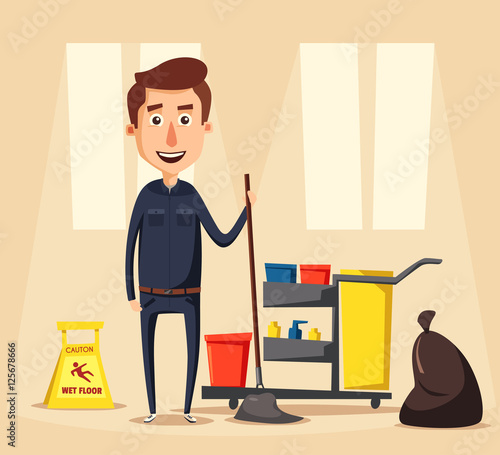 Cleaning staff character with equipment. Cartoon vector illustration.