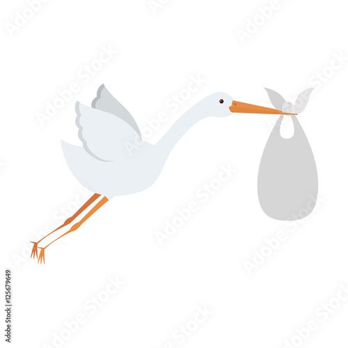 cartoon stork holding a baby basket icon over white background. vector illustration
