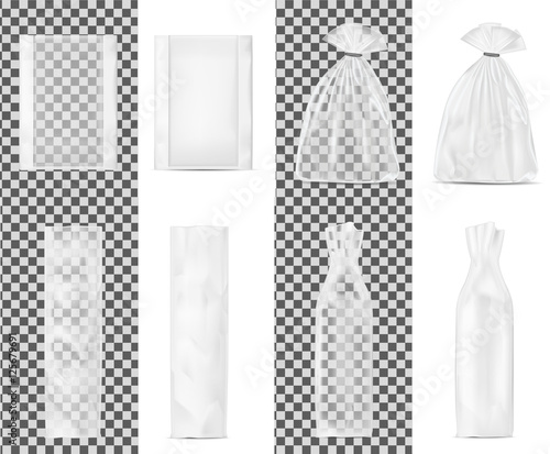 Transparent shopping paper bag. Packaging for bottle and bread