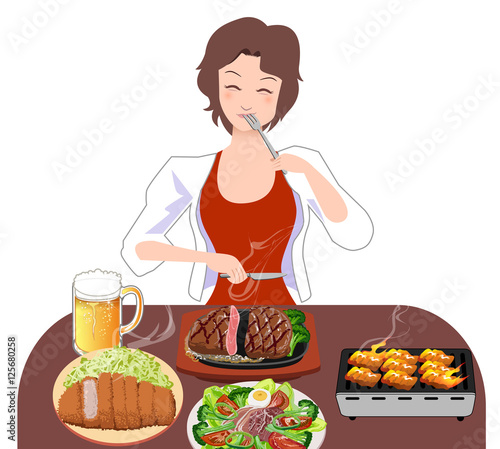 ステーキを食べる女性